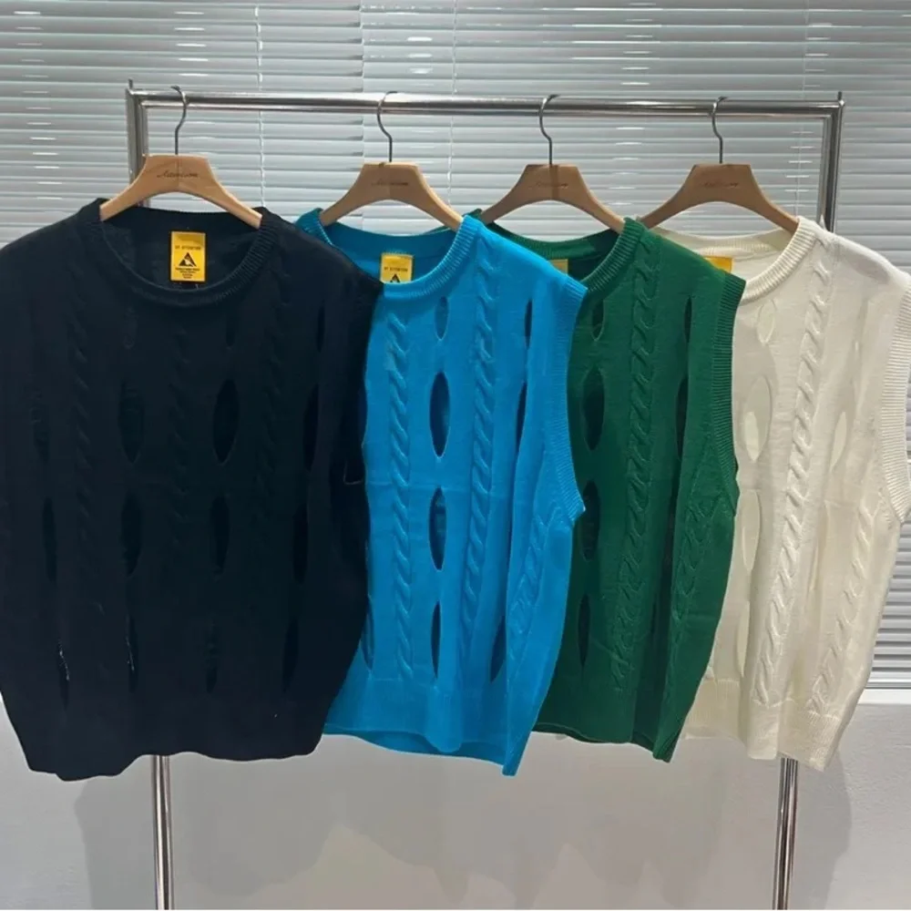 kfashion blue sweater vest - bright cable knit perforations holes - XL like new